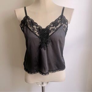 Vintage 1980s Black Satin Lace Sequin Beaded Adjustable Straps Camisole Medium